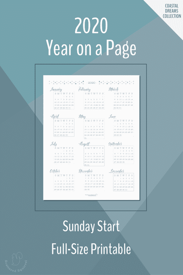 Full size, Sunday start, year on a page, dated 2020 calendars.