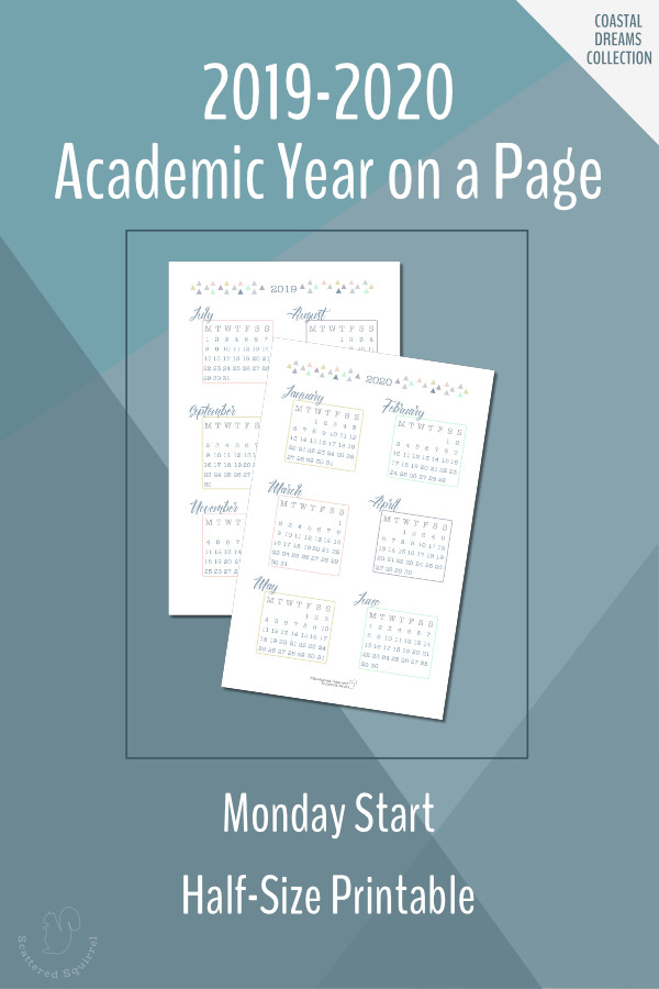 Dated 2019-2020 Academic Year on a Page Calendars - Scattered Squirrel