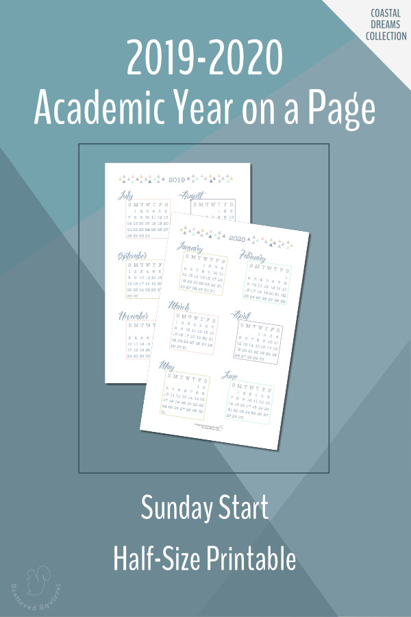 This free printable 2019-2020 Dated Academic Calendar, Year on a Page, is half-size with the calendar blocks starting on Sunday.