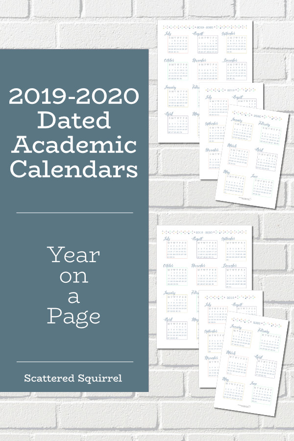 Dated 2019-2020 Academic Year on a Page Calendars - Scattered Squirrel