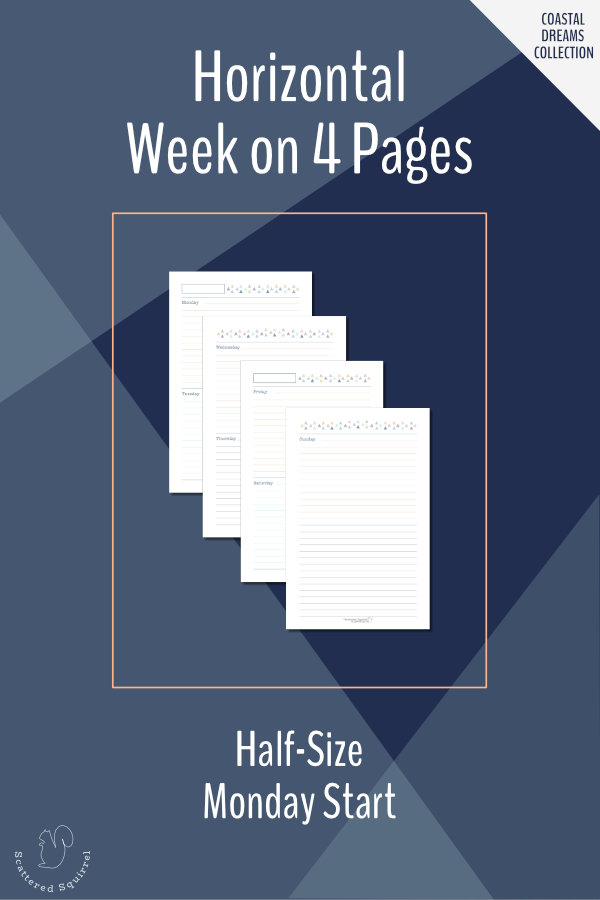 This half-size, horizontal week on four pages features a Monday start, 7 lined daily boxes and a notes box at the end of the week.