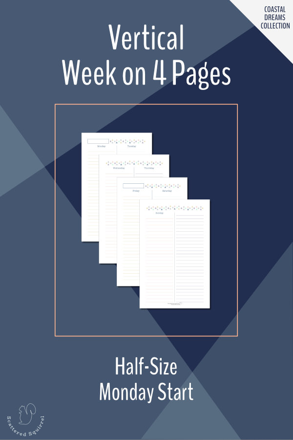 This set of planner printables is a half-size week on four pages layout with vertical columns for the days plus one for notes, goals, or whatever you would like to use it for.