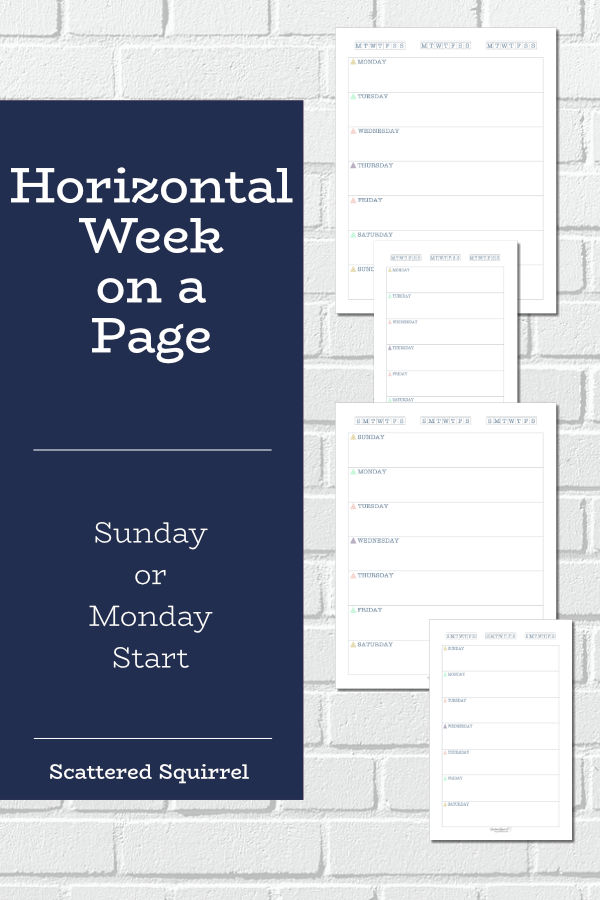 Keep all your weekly plans on one page with these horizontal week per page printables. You have your choice of a Sunday or Monday start and they come in two sizes, full letter and half-size. These weekly planner printables are great for creating a snap shot of your week.