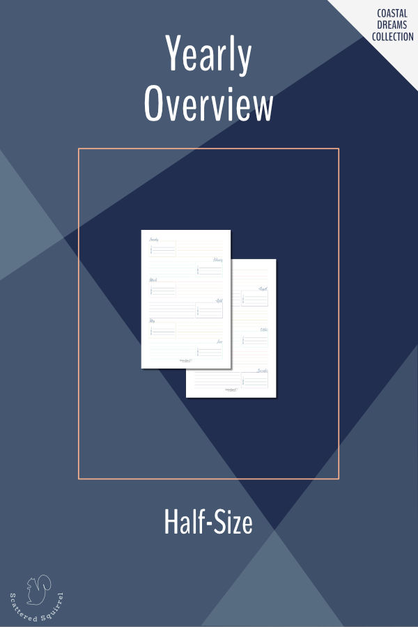 Plan ahead and write down important tasks, goals, and notes for each month of the year with this half-size yearly overview printable. Fits most A5 planners and mini biners.