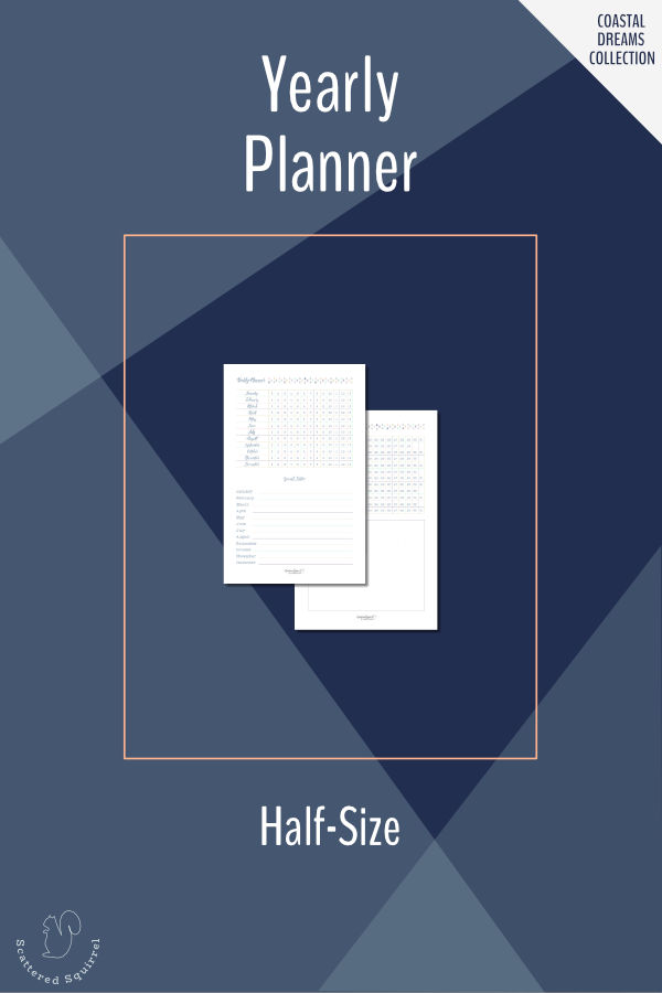 Plan ahead for the whole with the half-size yearly planner. Use the date grid to plan holidays, mark special dates, or as a year-long tracker. There is room to mark special dates, set your top three goals for the year, and make notes. Fits most A5 planners and mini binders.