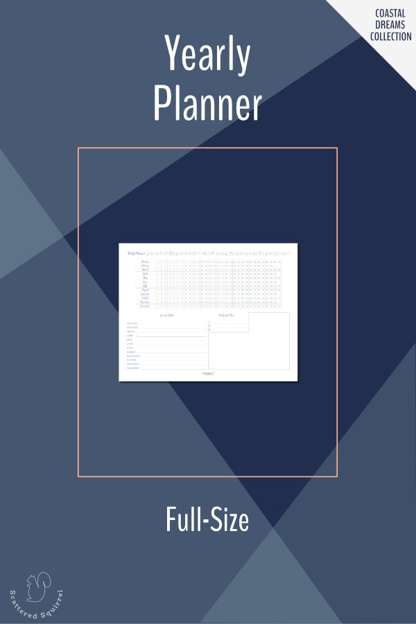 Plan ahead for the whole with theyearly planner. Features a date grid for planning holidays, marking special dates, or tracking a habit all year long. There is room to mark special dates, set your top three goals for the year, and make notes. Prints in landscape on letter size paper.