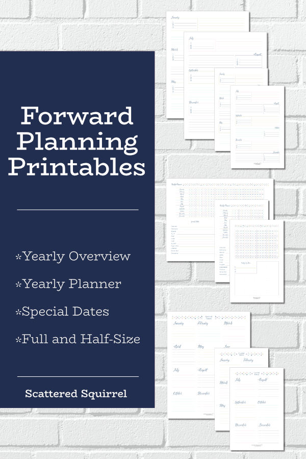 Plan your year with these forward planner printables. The set includes a yearly overview, yearly planner, and special dates pages. Use them for goal setting, project planning, or for creating a snap shot of your year.