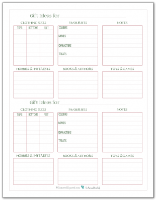 Keep track of clothing sizes and interests to help make choosing the right gift to buy or make with this handy gift ideas printable.