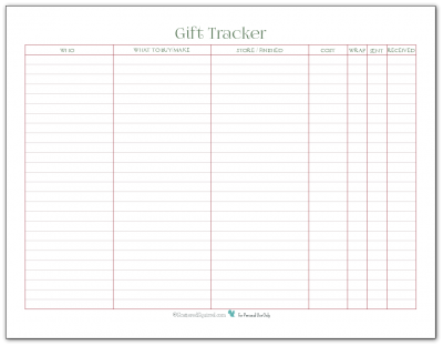 Keep track of all thing gift-giving related with this handy printable. From who, to what to where, there's even a place to jot down cost, and delivery status.