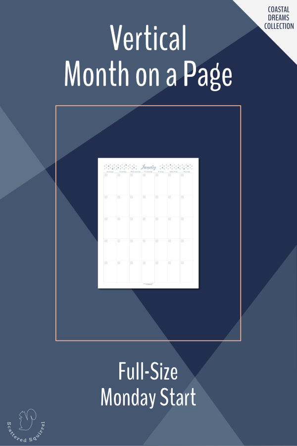 Vertical, month per page, undated calendars in letter size featuring a Monday start.