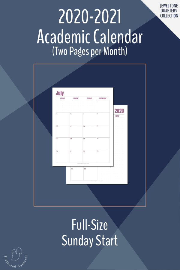 This is a printable, dated calendar for the 2020-2121 Academic year. It features a two pages per month layout in portrait orientation, Sunday start, and dot grid notes sections.