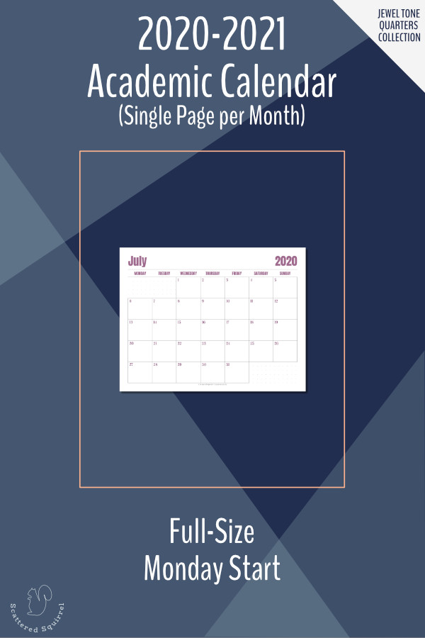 This is a printable, dated calendar for the 2020-2121 Academic year. It features a single page per month layout in landscape orientation, Monday start, and dot grid notes sections.