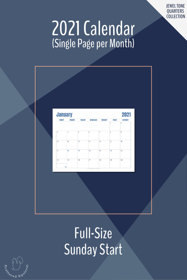 This printable calendar is a single page per month layout for the 2021 calendar year. It features a Sunday start, notes space, and monotone colour pallette that changes each quarter.