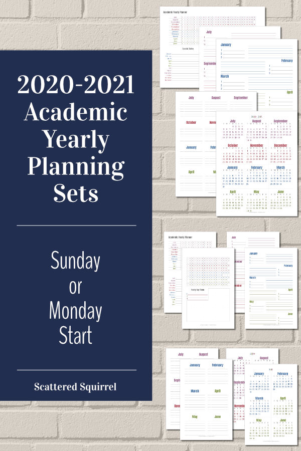 These yearly planning sets include a dated year on a page, special dates sheet, a yearly planner, and a yearly overview printable. Choose from full and half-size and a Monday or Sunday start day.