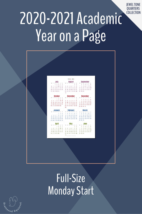 Dated, year on a page printable for the 2020-2021 academic year. This version is full size and features a Monday start day.