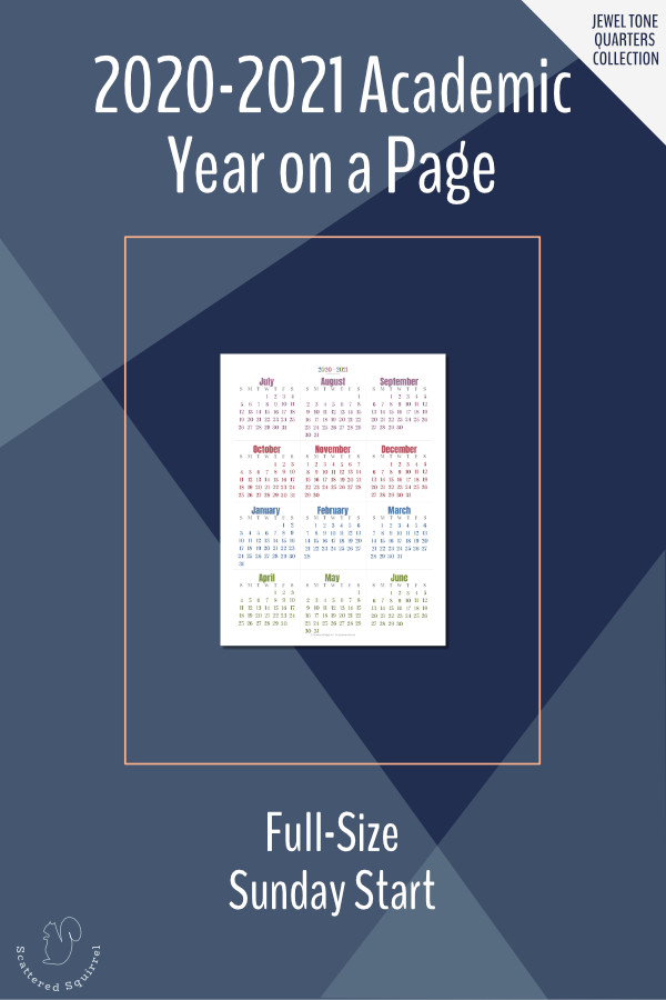 Dated, year on a page printable for the 2020-2021 academic year. This version is full-size and features a Sunday start day.