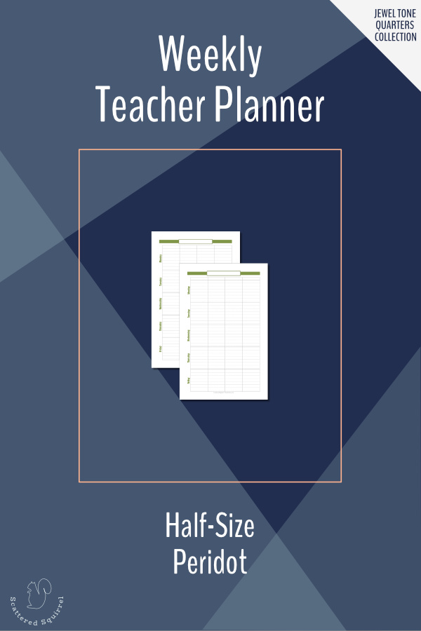 Half-size weekly teacher planner in Peridot. Designed to be used as a single page per week or a two pages per week planner. Matches the 2020-2021 Academic Calendars