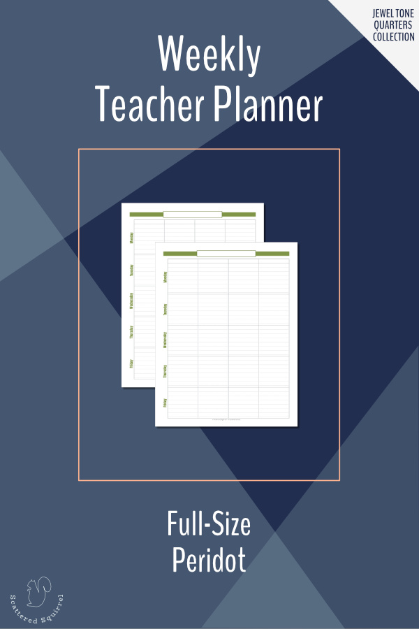 Full-size weekly teacher planner in Peridot. Designed to be used as a single page per week or a two pages per week planner. Matches the 2020-2021 Academic Calendars