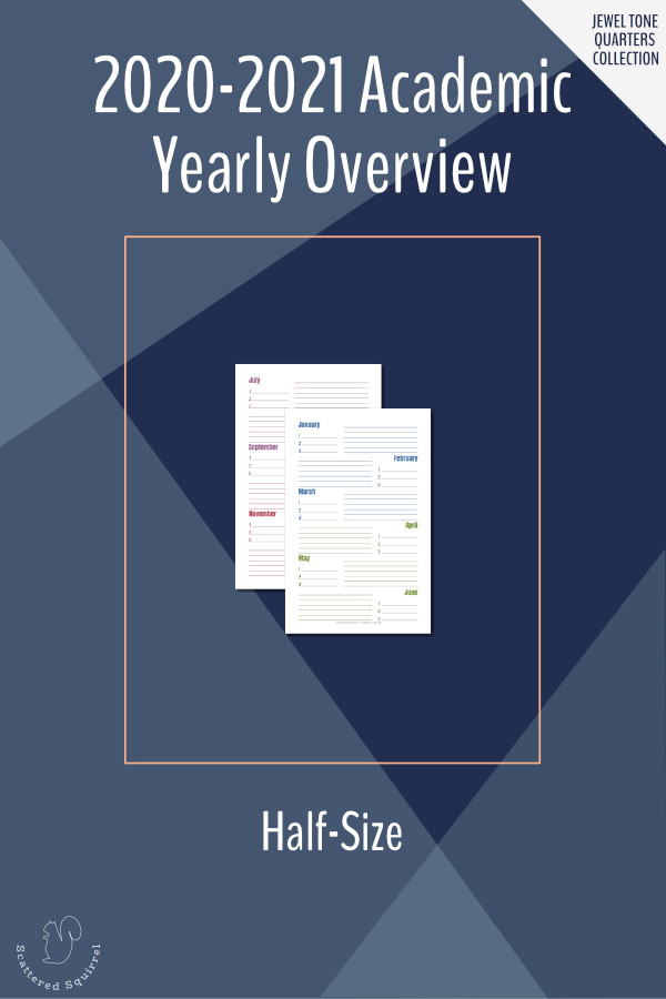 The academic yearly overview is a great tool for planning your goals and priorities for the whole year. This half-size version is super portable and will fit most A5 planners and can easily be tucked into a larger planner or binder if needed.