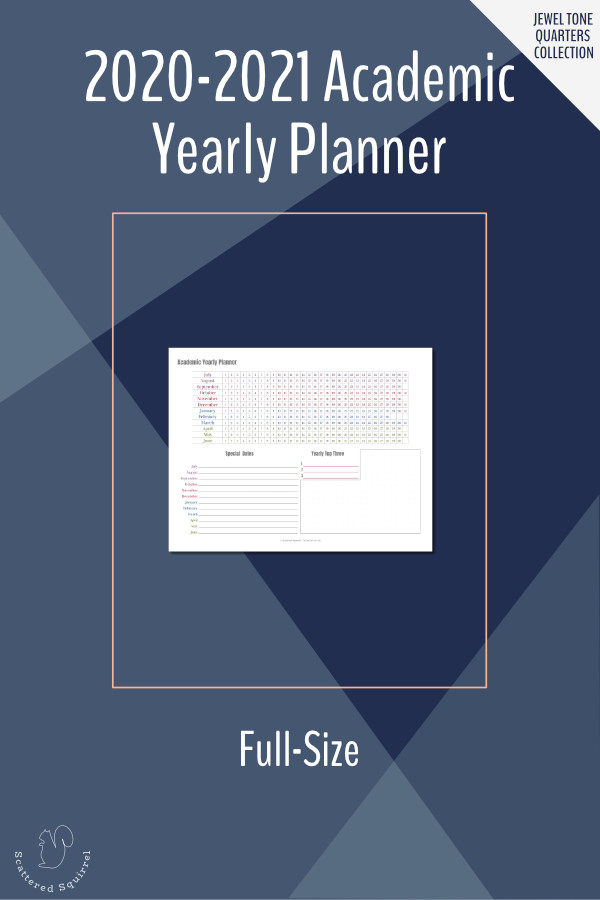 Plan out your academic year on one page with help from the yearly planner. Use the date grid to block off school breaks, set aside time for big projects, or to just check off each day. There's a place for important dates, as well as an area for your top three priorities or goals for the year.