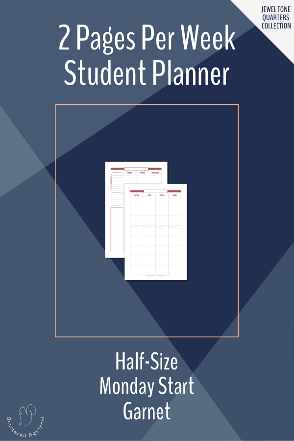 This Monday start, half letter-size, two pages per week planner designed specifically with students in mind. This one is part of the Jewel Tone Quarters collection, in Garnet, which matches the fourth quarter of the calendar year in the 2021 calendars.