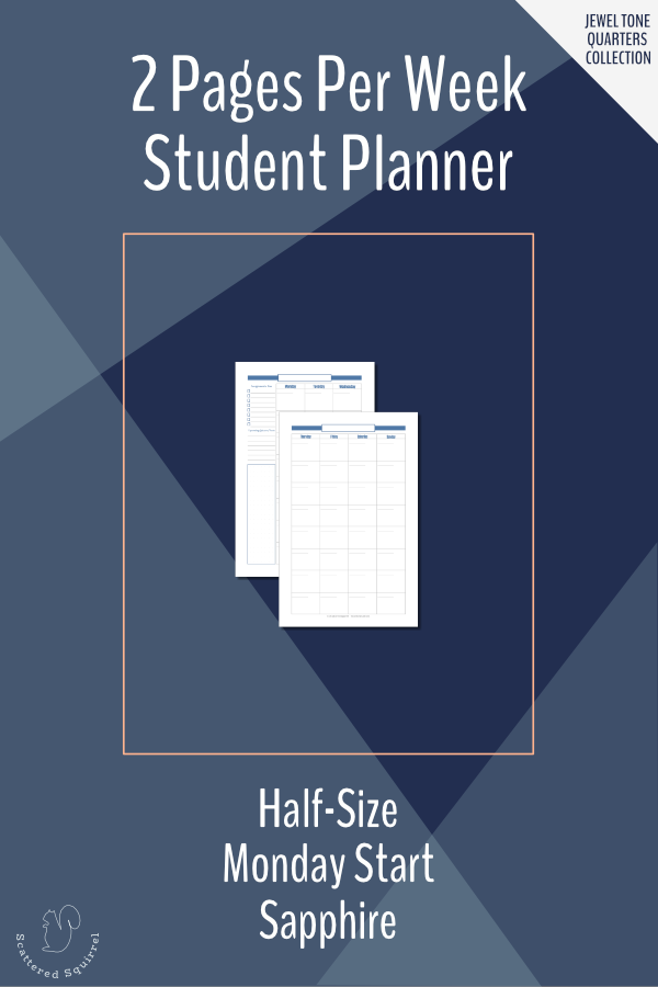 This Monday start, half letter-size, two pages per week planner designed specifically with students in mind. This one is part of the Jewel Tone Quarters collection, in Sapphire, which matches the first quarter of the calendar year.