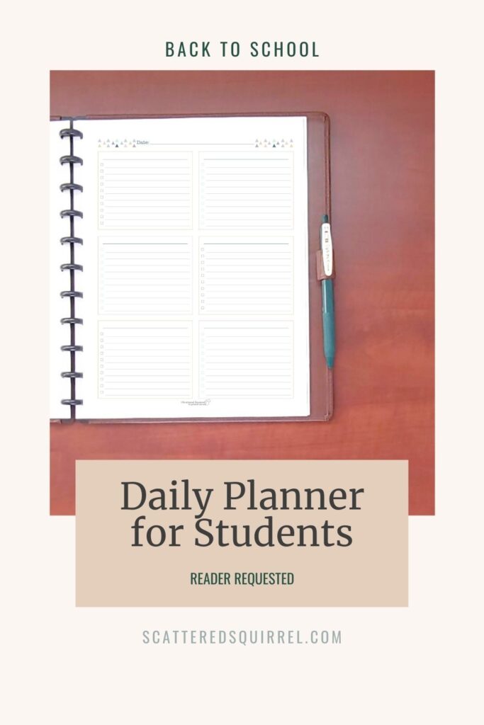 Image of right side of open disc bound book with a student daily planner page and a green pen in the penloop