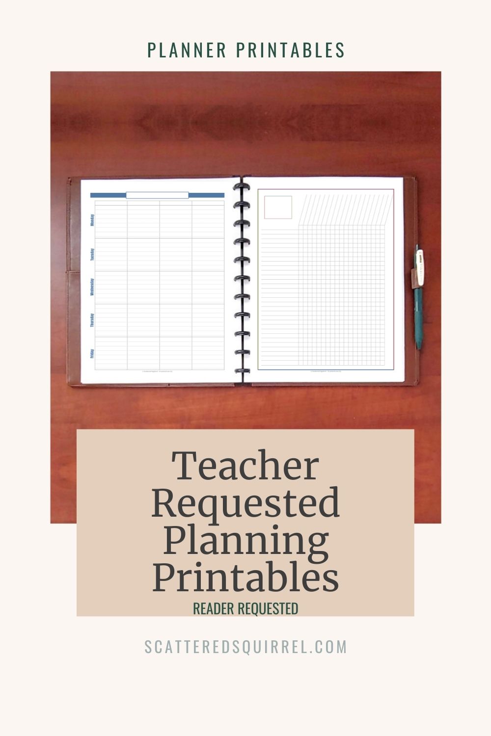 Image of a discbound planner on a desk. On the left hand side is a weekly teacher planner and on the right is checklist page