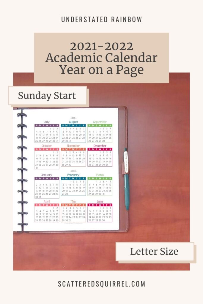 This Sunday start on letter size, 2021-2022 academic year on a page is great for tucking into school binder, hanging on the fridge, or adding to your planner. Plan your whole school year, mark holidays, no school days, exams, whatever works best for you.