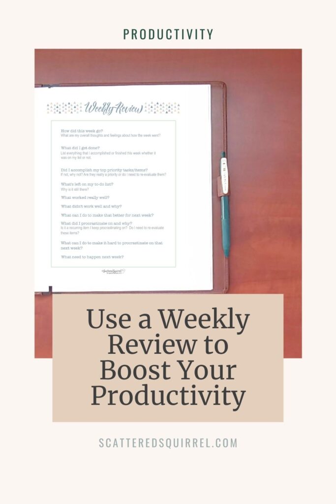 Weekly review planning page with questions to help you review how your week went.