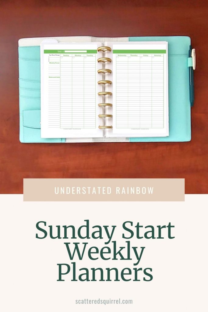 Check out the Sunday Start weekly planner printables. There are two sets to choose from, letter size and half-letter size. Each set contains the six colours that match the Understated Rainbow collection. Print them all or just choose the colours you like best.