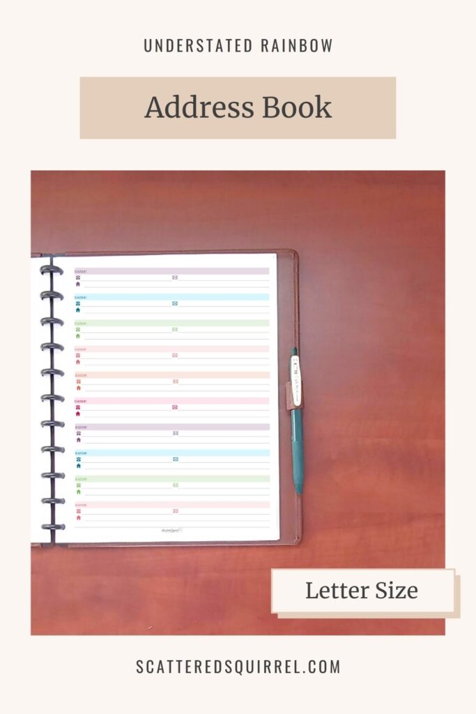 This address book printable is a great way to keep track of all those important names and numbers. It comes in letter size and was designed to match the Understated Rainbow printable collection.