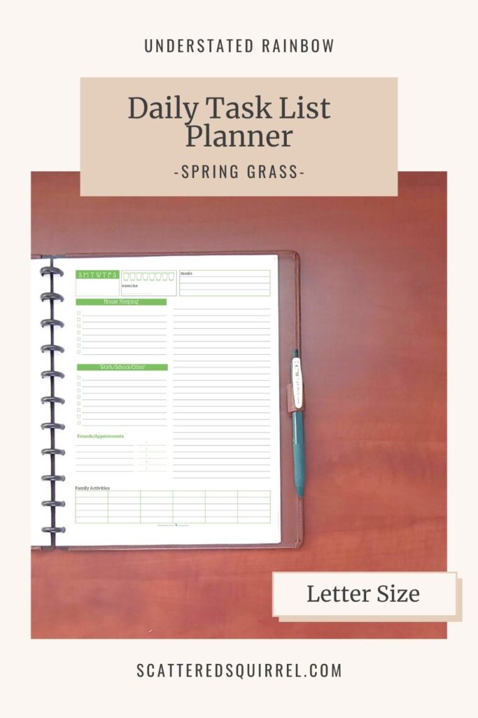 The daily task list planner offer a structured way to plan your day. Not only is there room for to-do lists, but there's space for notes or for scheduling your day and a place to track family activities or even assign tasks to different family members. This version is letter size, in the colour Spring Grass. It coordinates with the months of March and September in the Understated Rainbow printable collection.