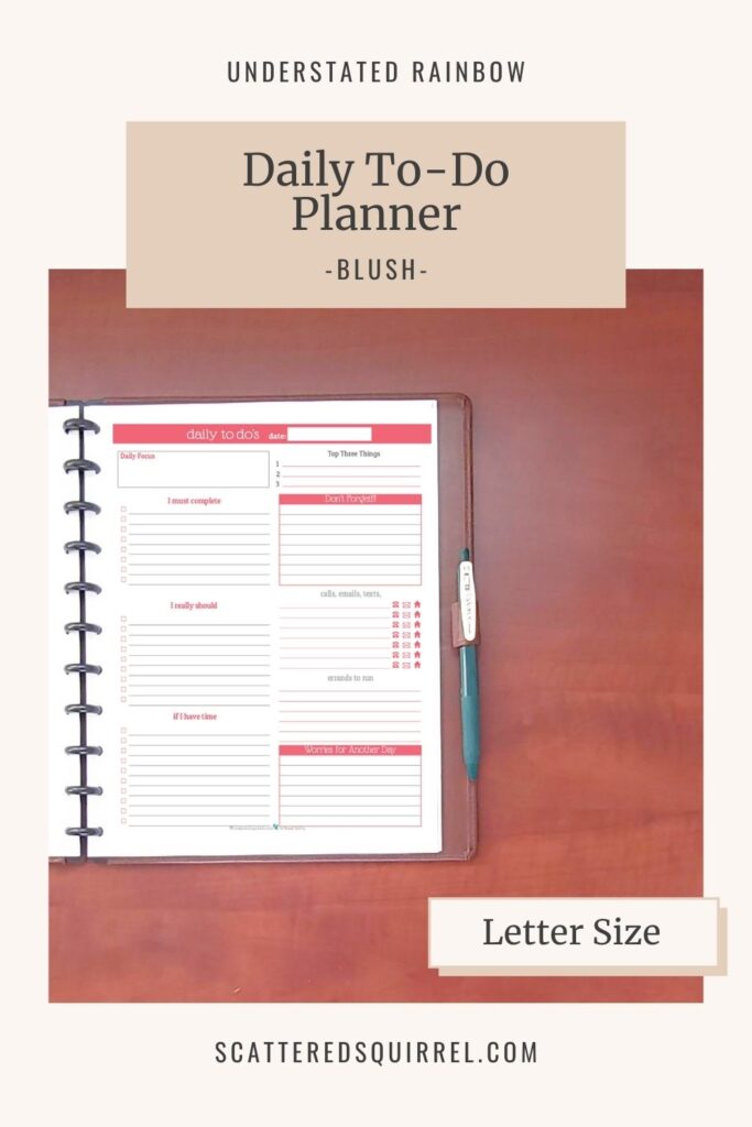 Map out everything you need to do in a day with this daily to-do planner. It comes in letter size and the Blush colour matches the April and October months in the Understated Rainbow printable collection.