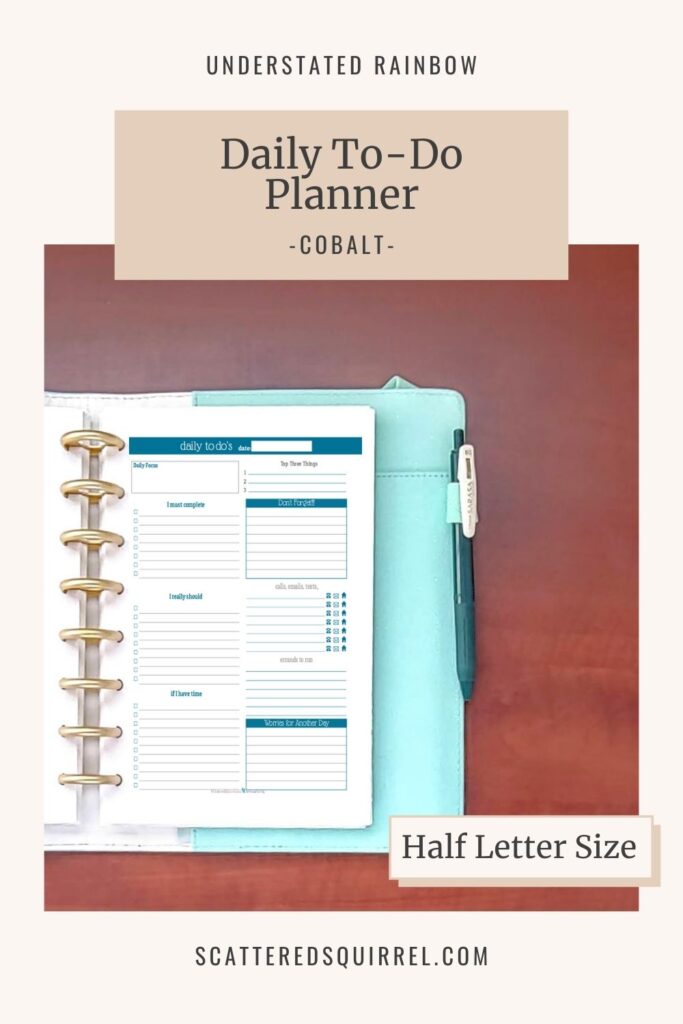 Map out everything you need to do in a day with this daily to-do planner. It comes in half letter size and the Cobalt colour matches the February and August months in the Understated Rainbow printable collection.