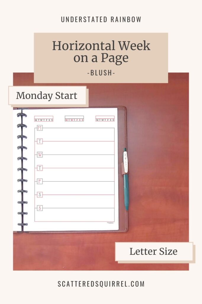 This horizontal week on a page planner features a Monday start, three weekly habit trackers at the top and a minimal design to maximize writing space. It comes in letter size in the colour Blush which matches the months of April and October in the Understated Rainbow printable collection.