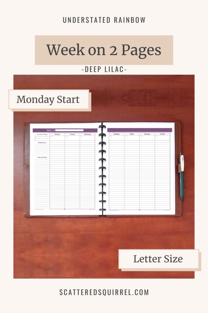 This letter size weekly planner features a two pages per week layout with the week starting on Monday. It comes in the colour Deep Lilac which matches the months of January and July in the Understated Rainbow printable collection.