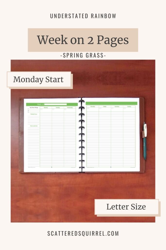 This letter size weekly planner features a two pages per week layout with the week starting on Monday. It comes in the colour Spring Grass which matches the months of March and September in the Understated Rainbow printable collection.