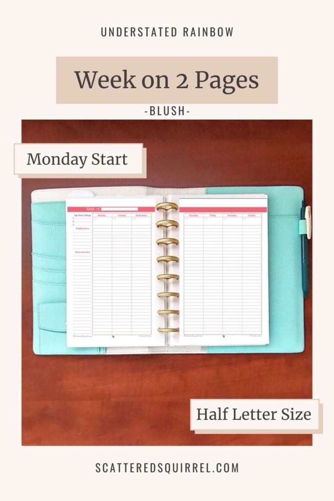 This half letter size weekly planner features a two pages per week layout with the week starting on Monday. It comes in the colour Blush which matches the months of April and October in the Understated Rainbow printable collection.