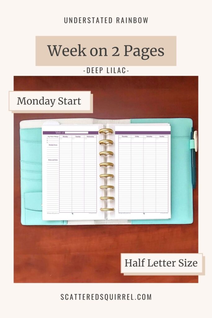 This half letter size weekly planner features a two pages per week layout with the week starting on Monday. It comes in the colour Deep Lilac which matches the months of January and July in the Understated Rainbow printable collection.