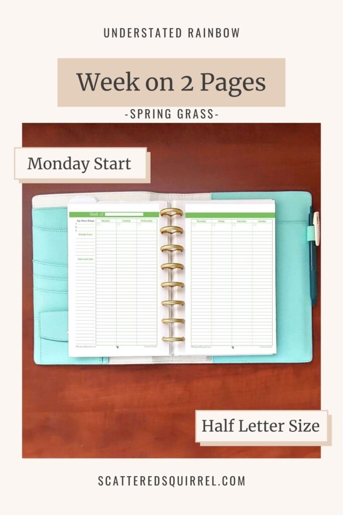 This half letter size weekly planner features a two pages per week layout with the week starting on Monday. It comes in the colour Spring Grass which matches the months of March and September in the Understated Rainbow printable collection.