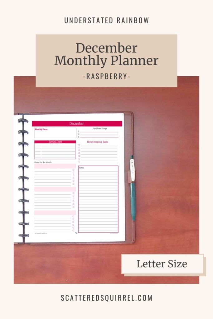 Letter size, monthly planner for December, allows you to set a focus, priotritize your tasks, and set monthly goals. Matches all the Raspberry printables in the Understated Rainbow Collection.