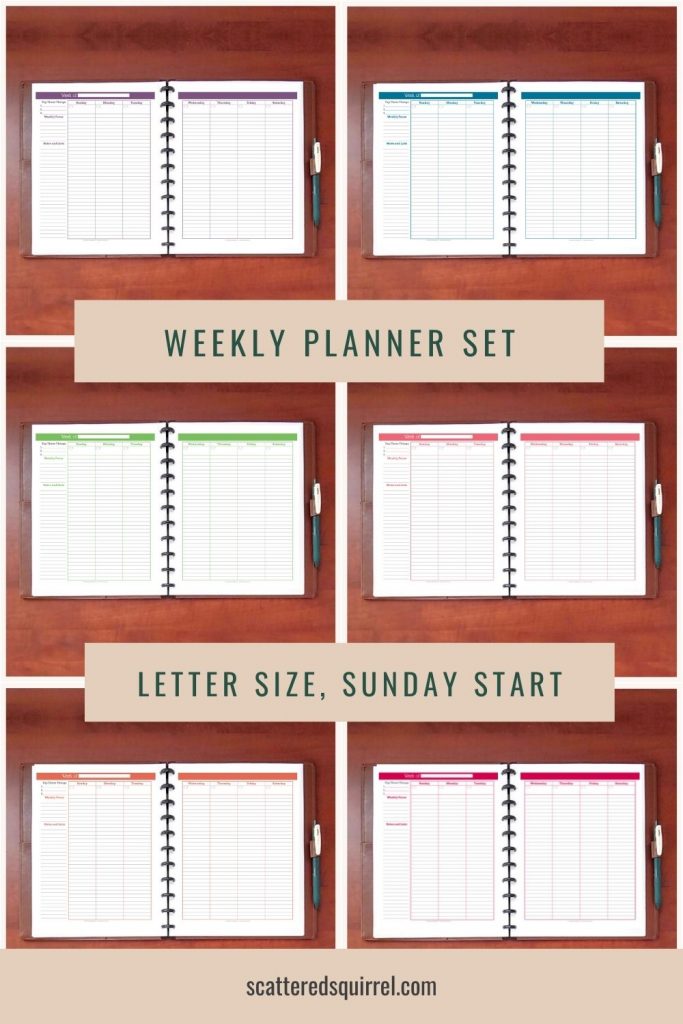 This set of weekly planners is letter size and features a Sunday start, 2 pages per week layout. The set includes the 6 different colours to match the Understated Rainbow calendars; Deep Lilac, Cobalt, Spring Grass, Blush, Summer Orange, and Raspberry. Print them all or just the colours you like best.