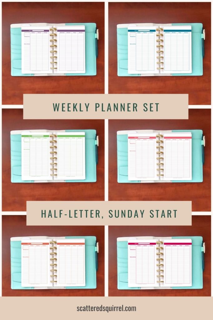 This set of weekly planners is half-letter size and features a Sunday start, 2 pages per week layout. The set includes the 6 different colours to match the Understated Rainbow calendars; Deep Lilac, Cobalt, Spring Grass, Blush, Summer Orange, and Raspberry. Print them all or just the colours you like best.
