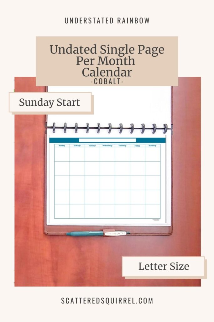 This undated single page per month calendar comes in letter size, in landscape orientation, and features a Monday start. The Cobalt colour is part of the Understated Rainbow collection and matches the months February and August in the dated calendars.