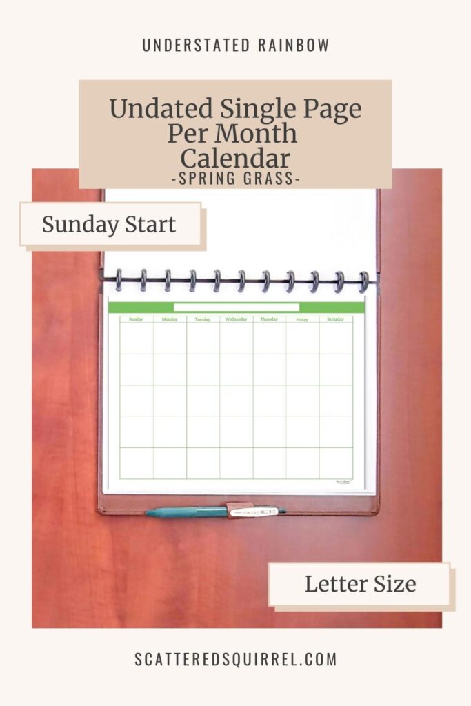 This undated single page per month calendar comes in letter size, in landscape orientation, and features a Monday start. The Spring Grass colour is part of the Understated Rainbow collection and matches the months March and September in the dated calendars.