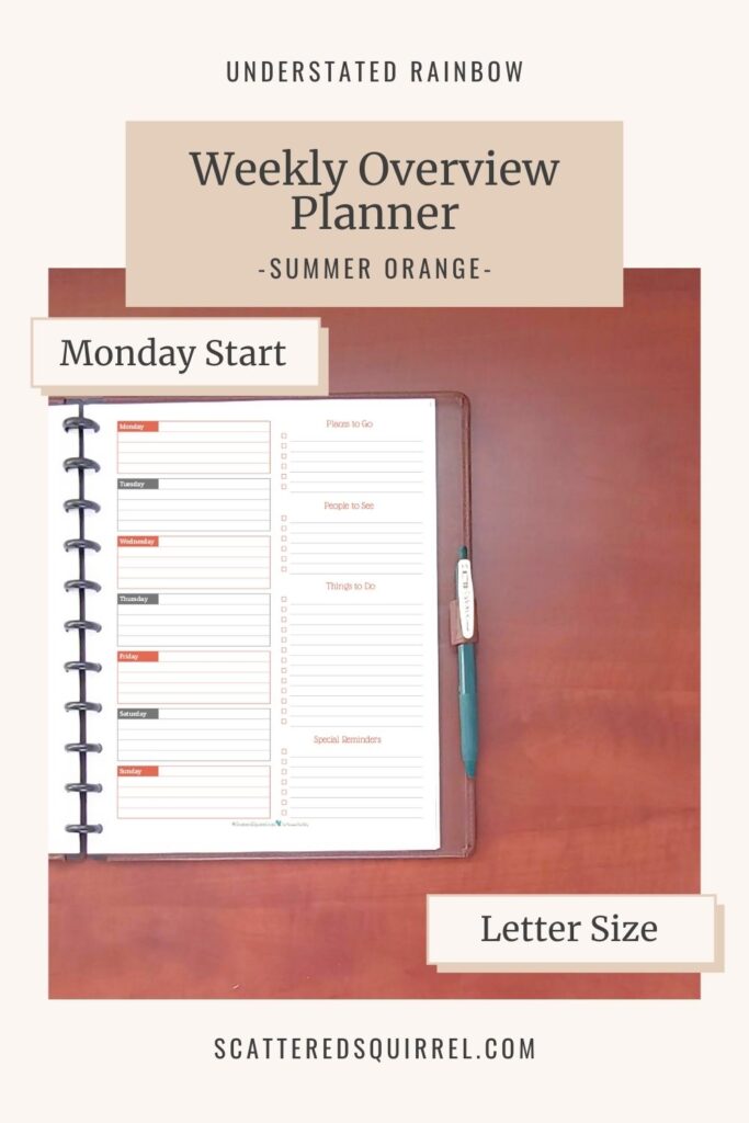 The weekly overview planner is a wonderful tool for those not so busy weeks. It allows you to plan your week and create organized to-do lists. This version is a letter size, Monday Start, in the colour Summer Orange which coordinates with the months May and November in the Understated Rainbow printable collection.