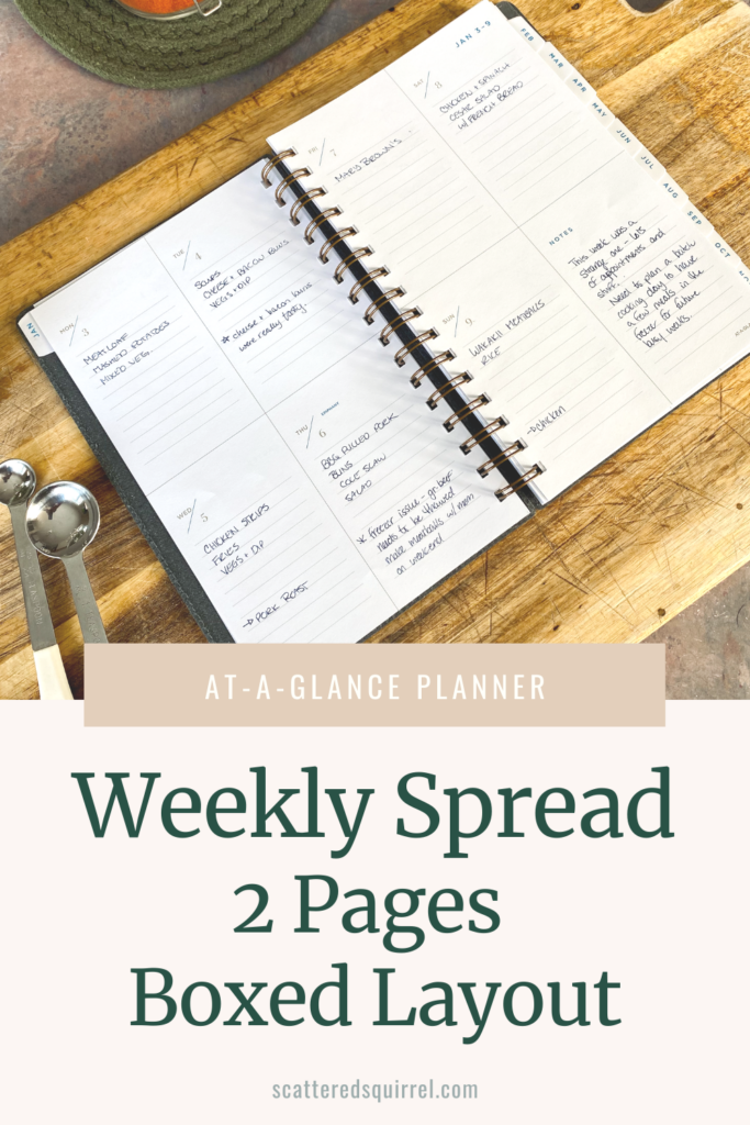 Open planner on a cutting board with some measuring spoons on the bottom left side. The planner features a weekly spread over two pages, with some writing on it noting meals planned for the week.