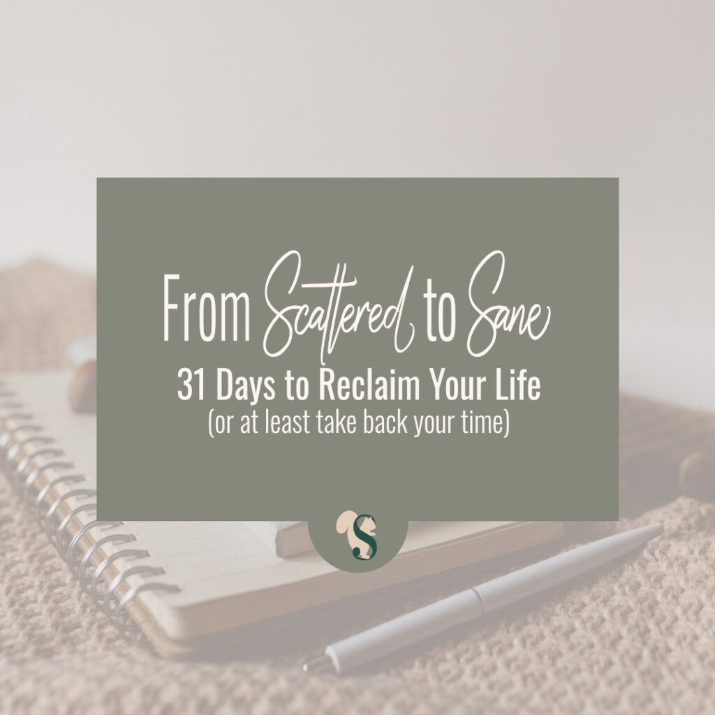 faded image of notebooks and pens on a blanket in the background with a text overlay box in amuted midtone green, with white text that reads "From Scattered to Sane - 31 Days to Reclaim You Life (or at least take back your time)