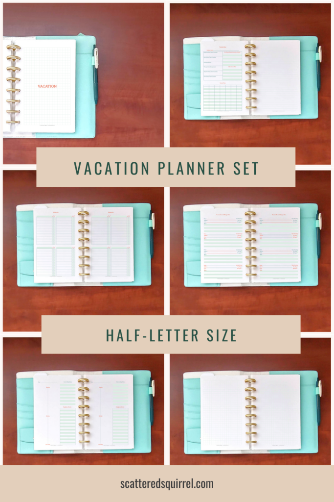 Grid Collage image of planners with different pages shown. Title boxes say Vacation Planner Set and Half-Letter Size in green sans serif font.